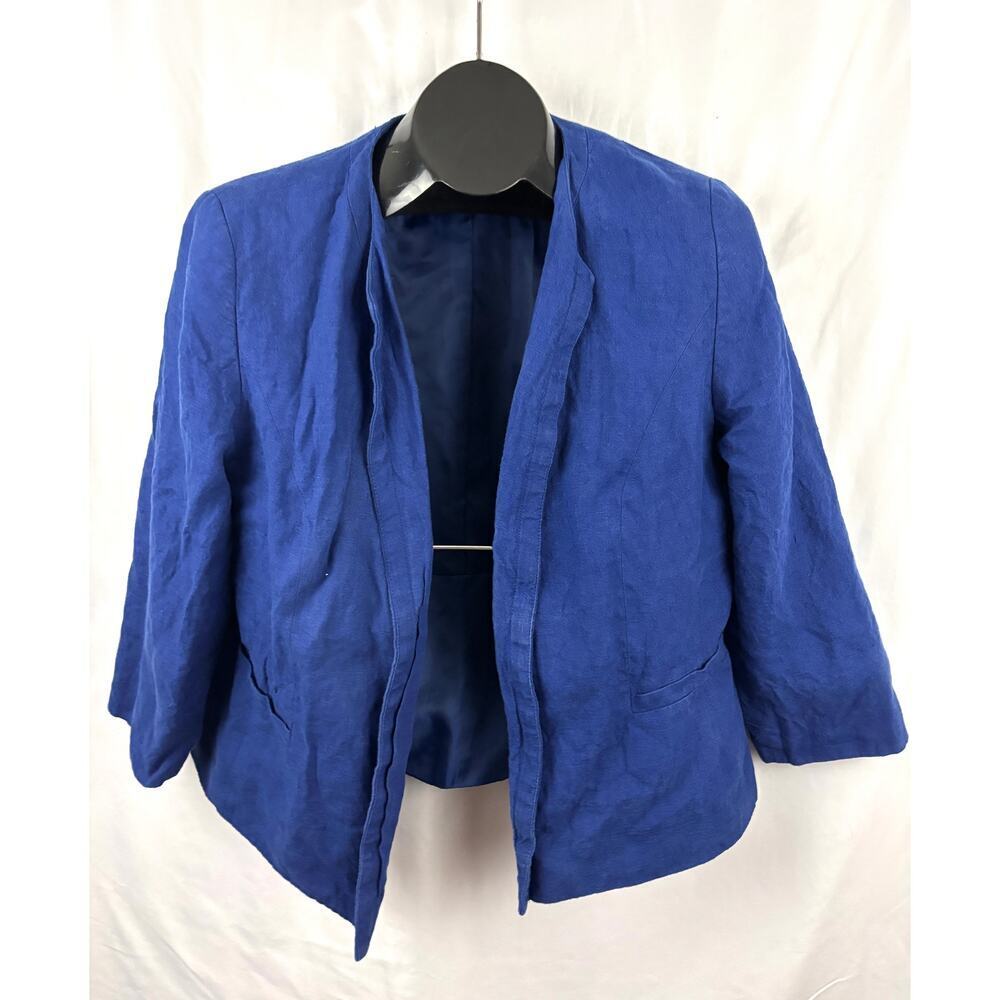 Talbots Royal Blue Blazer‎ Jacket Open Front Pockets 100% Linen Womens Sz 14